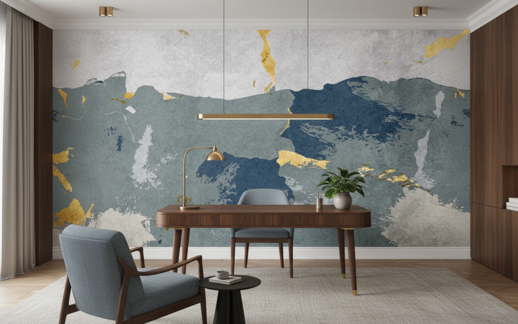 Papier peint abstrait tons bleus et dorés avec nuages artistiques - Bureau