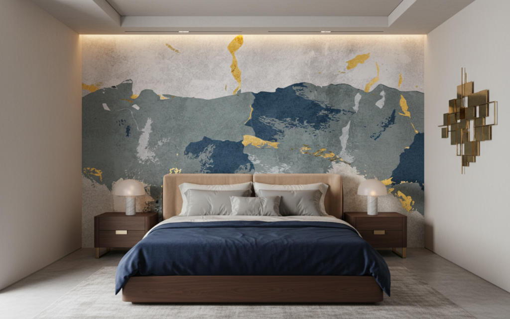 Papier peint abstrait tons bleus et dorés avec nuages artistiques - Chambre adulte