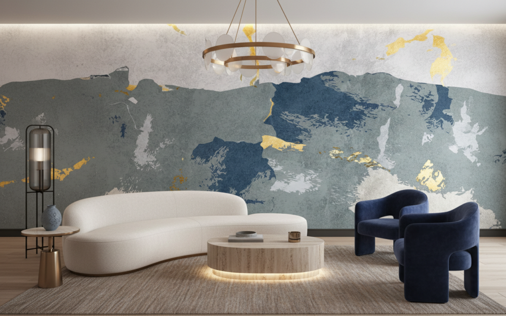 Papier peint abstrait tons bleus et dorés avec nuages artistiques - Hôtel