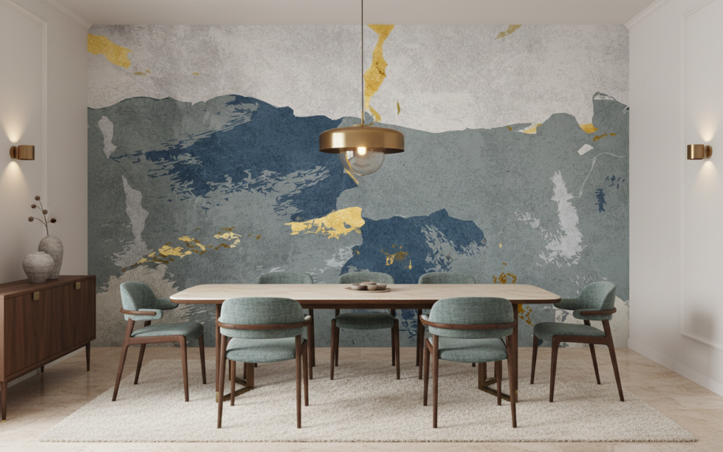 Papier peint abstrait tons bleus et dorés avec nuages artistiques - Salle à manger