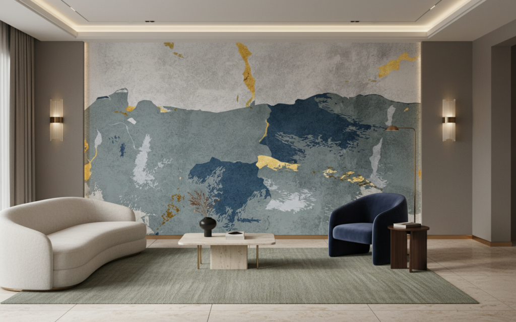 Papier peint abstrait tons bleus et dorés avec nuages artistiques - Salon / Séjour