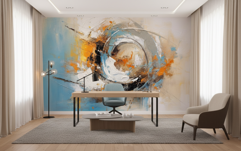 Papier Peint Abstrait Tourbillon Dynamique Bleu Orange Moderne - Bureau