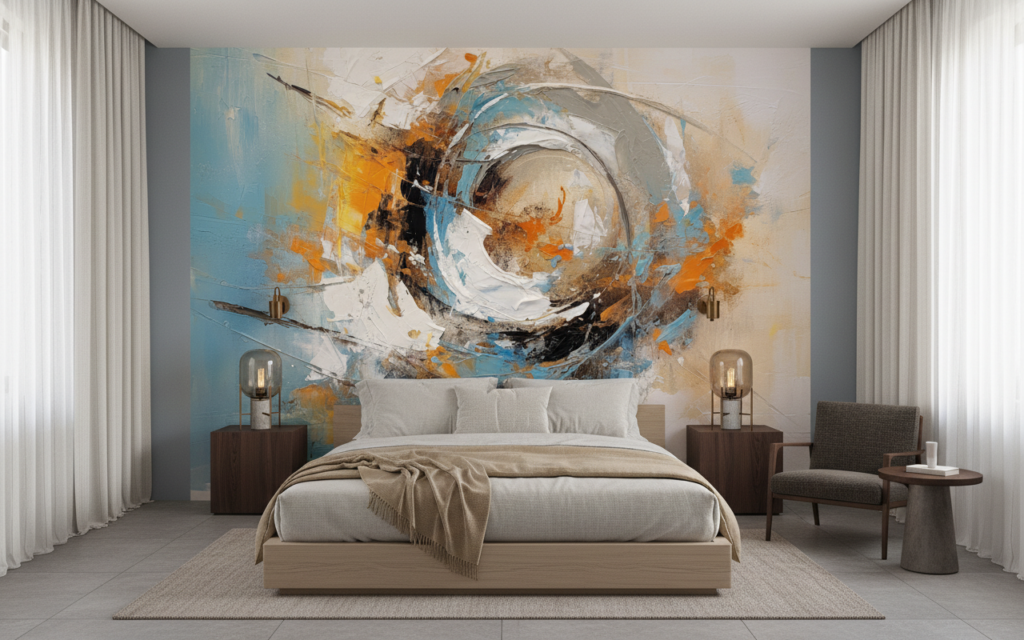 Papier Peint Abstrait Tourbillon Dynamique Bleu Orange Moderne - Chambre adulte