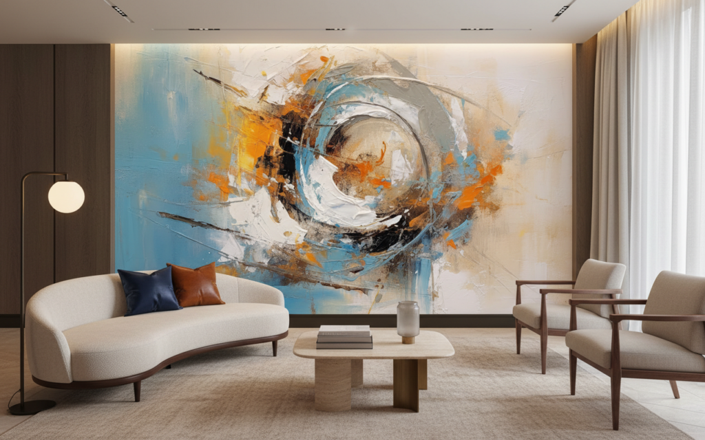 Papier Peint Abstrait Tourbillon Dynamique Bleu Orange Moderne - Hôtel