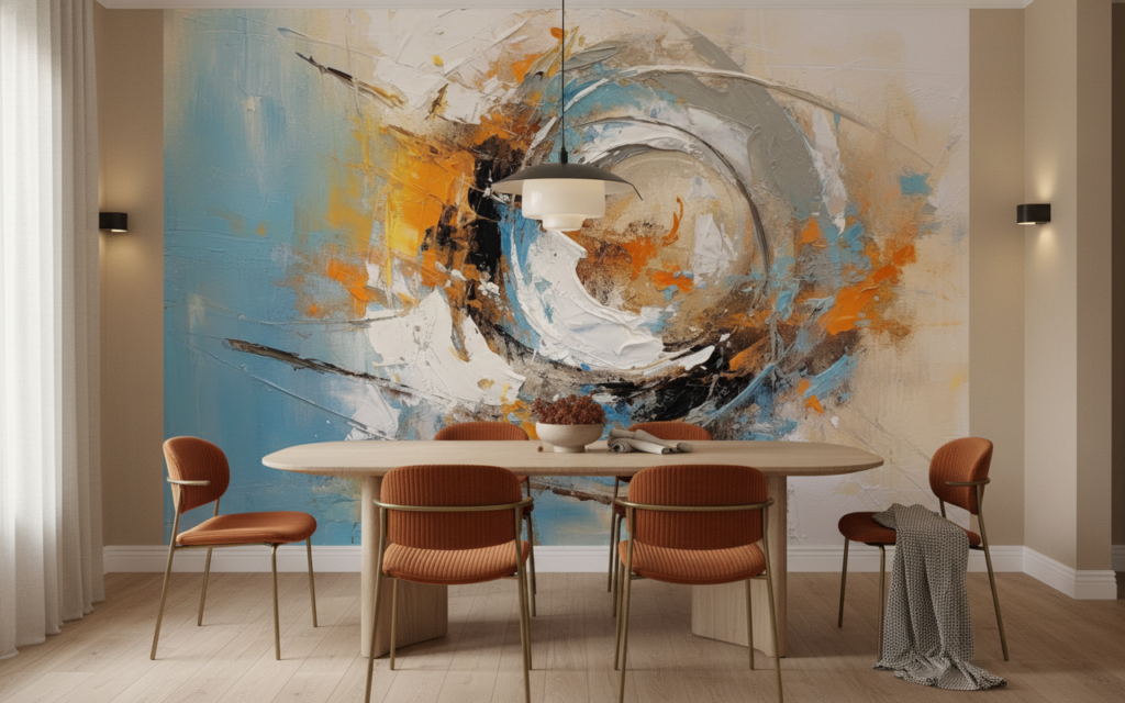 Papier Peint Abstrait Tourbillon Dynamique Bleu Orange Moderne - Salle à manger