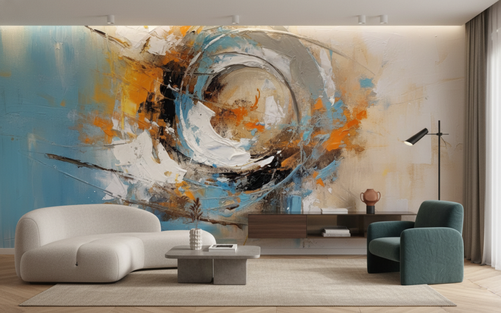 Papier Peint Abstrait Tourbillon Dynamique Bleu Orange Moderne - Salon / Séjour