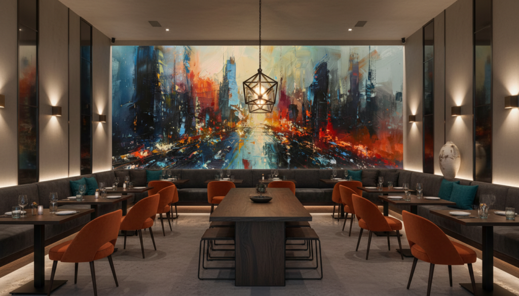 Papier Peint Abstrait Urbain aux Éclaboussures Colorées Dynamiques - Restaurant