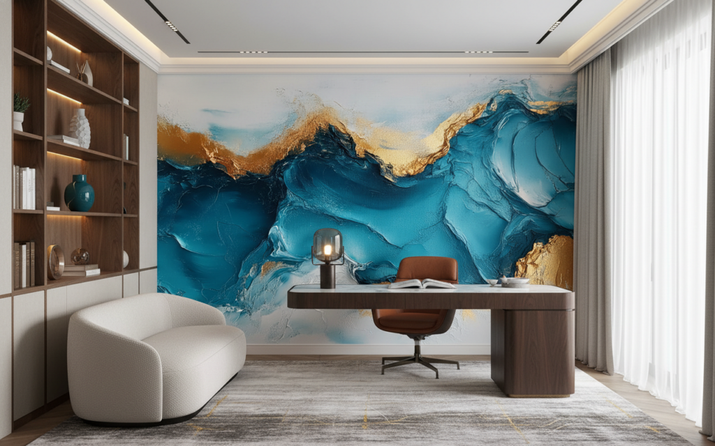 Papier Peint Abstrait Vagues Océan Bleu Doré Moderne - Bureau