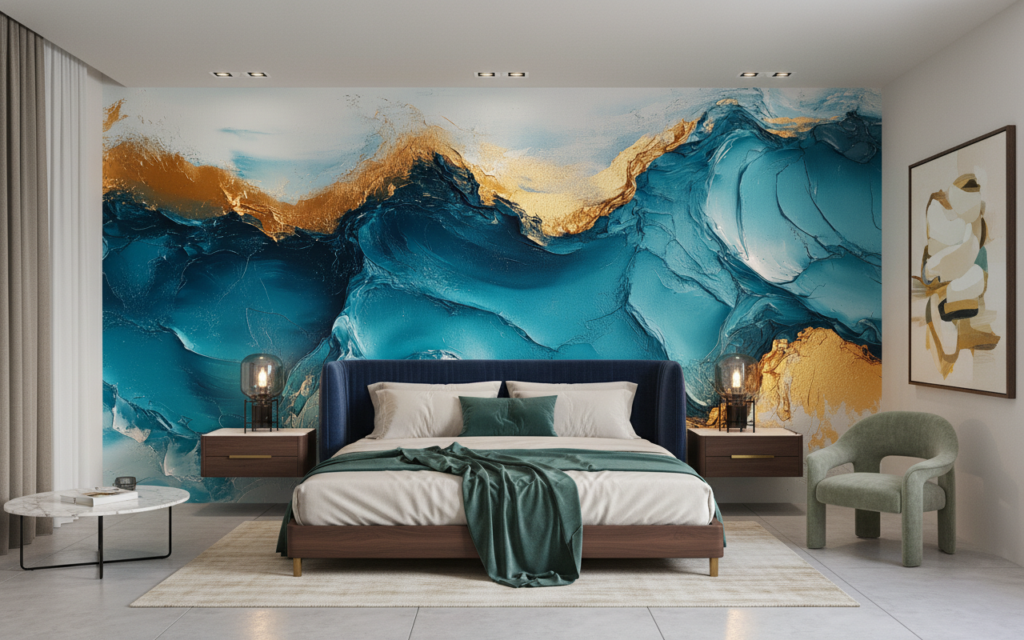 Papier Peint Abstrait Vagues Océan Bleu Doré Moderne - Chambre adulte