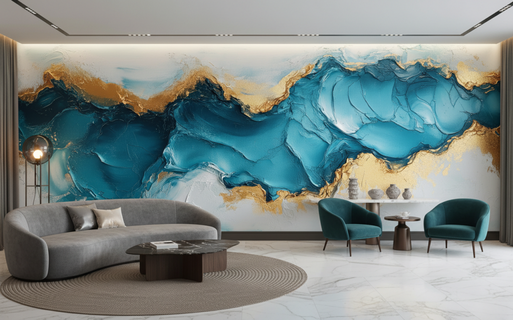 Papier Peint Abstrait Vagues Océan Bleu Doré Moderne - Hôtel