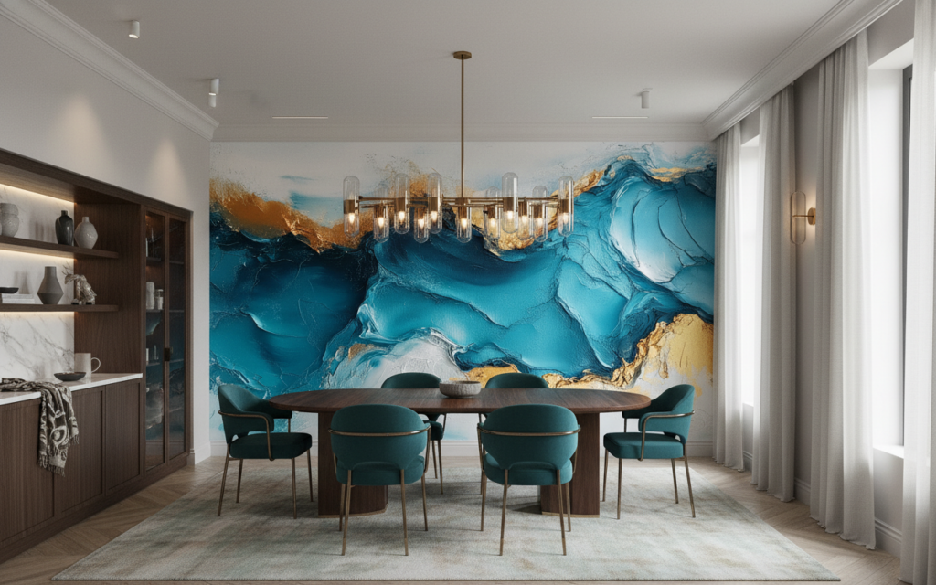 Papier Peint Abstrait Vagues Océan Bleu Doré Moderne - Salle à manger