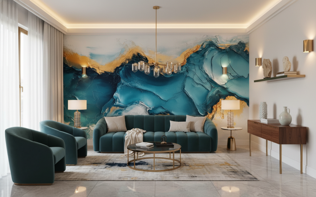 Papier Peint Abstrait Vagues Océan Bleu Doré Moderne - Salon / Séjour