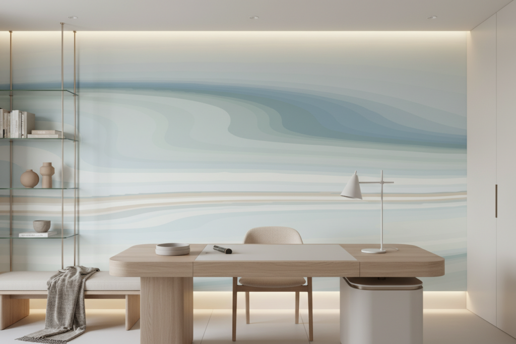 Papier Peint Abstrait Vagues Océaniques Bleu Pastel Moderne - Bureau