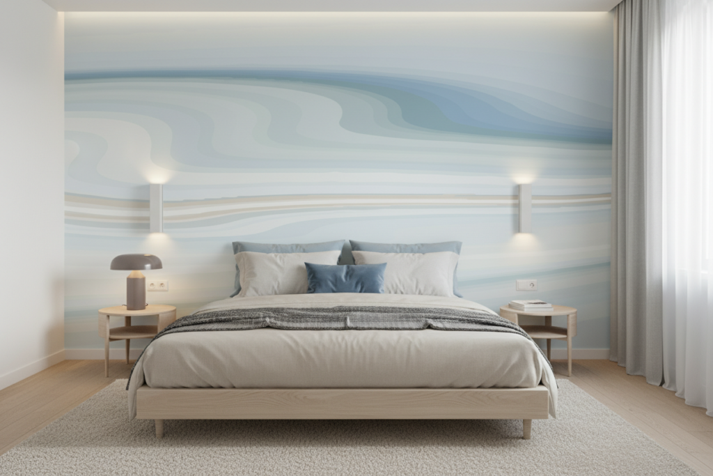 Papier Peint Abstrait Vagues Océaniques Bleu Pastel Moderne - Chambre adulte