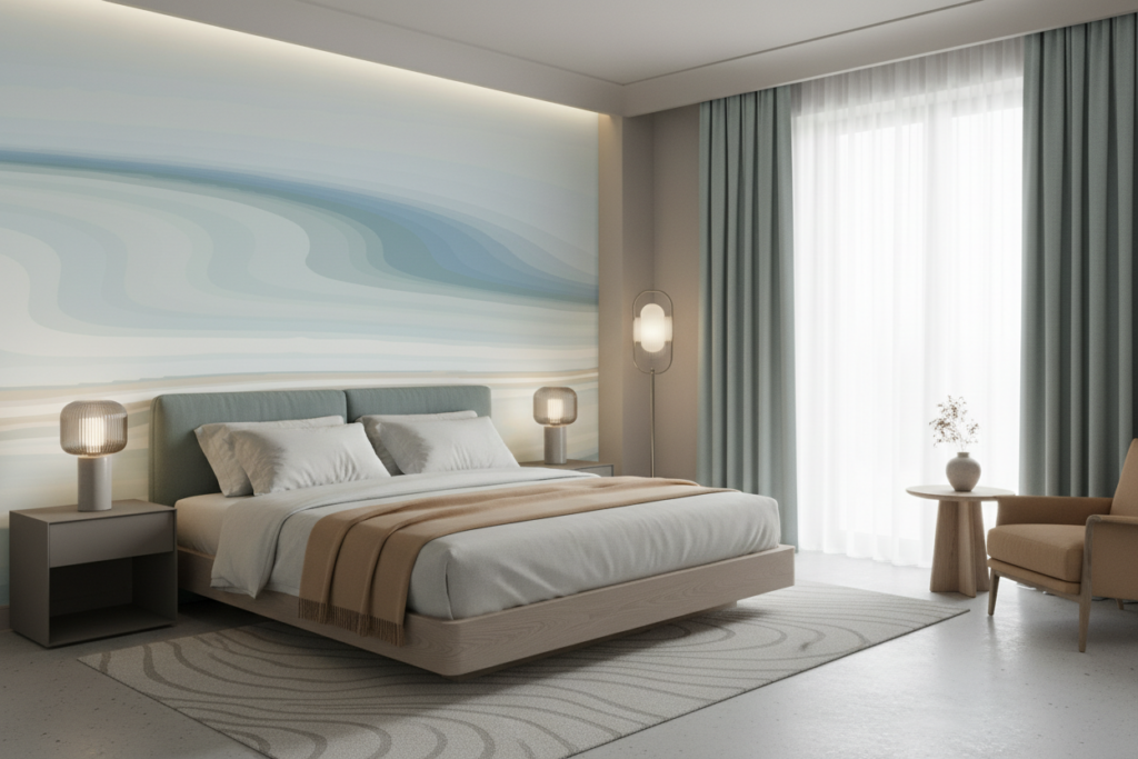 Papier Peint Abstrait Vagues Océaniques Bleu Pastel Moderne - Hôtel