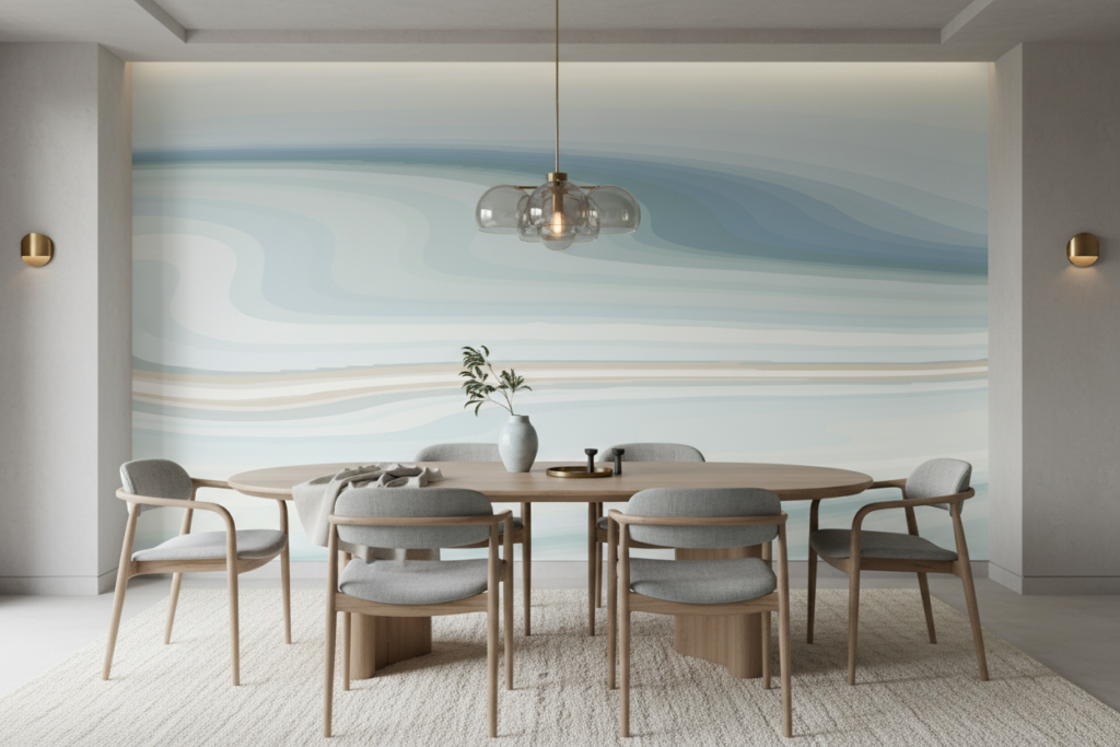 Papier Peint Abstrait Vagues Océaniques Bleu Pastel Moderne - Salle à manger