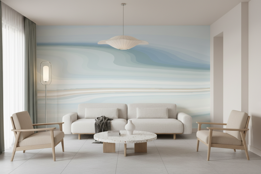 Papier Peint Abstrait Vagues Océaniques Bleu Pastel Moderne - Salon / Séjour