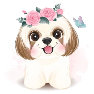 Papier peint adorable chiot Shih Tzu avec couronne de roses