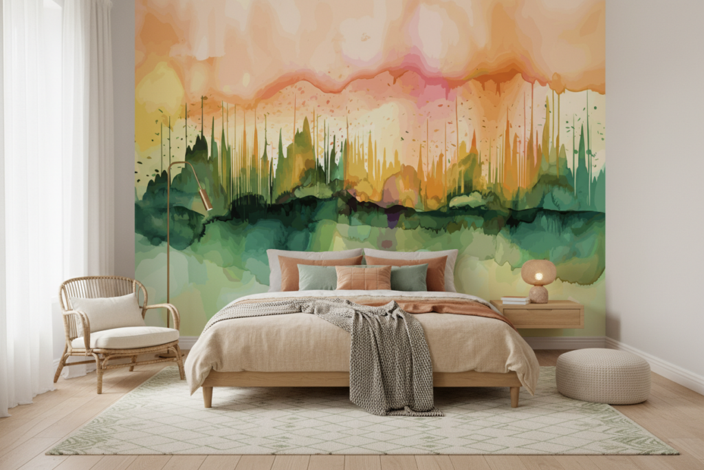 Papier Peint Aquarelle Abstraite Paysage Coloré Dégradé Artistique - Chambre adulte