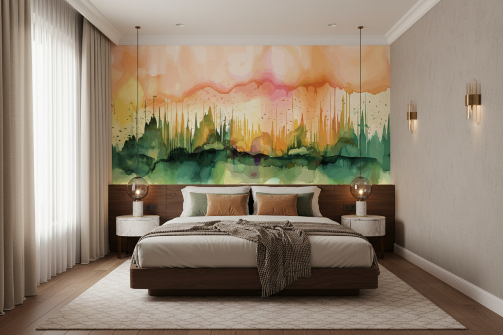 Papier Peint Aquarelle Abstraite Paysage Coloré Dégradé Artistique - Hôtel