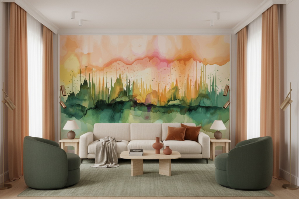 Papier Peint Aquarelle Abstraite Paysage Coloré Dégradé Artistique - Salon / Séjour