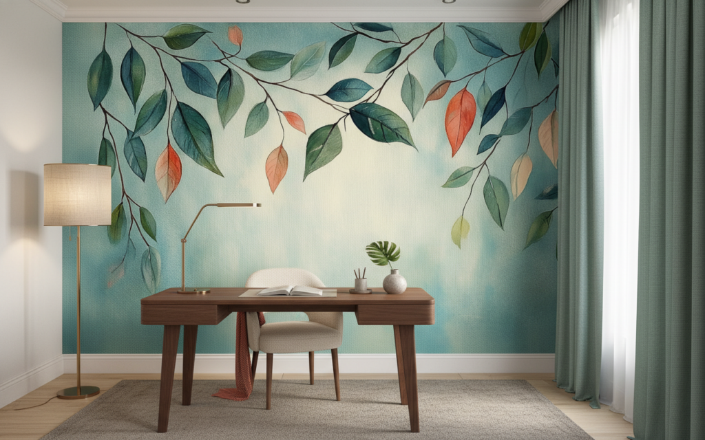 Papier peint aquarelle branches feuillage automnal bleu vert - Bureau