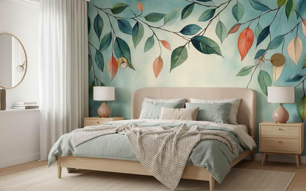 Papier peint aquarelle branches feuillage automnal bleu vert - Chambre adulte