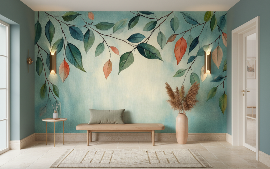 Papier peint aquarelle branches feuillage automnal bleu vert - Entrée