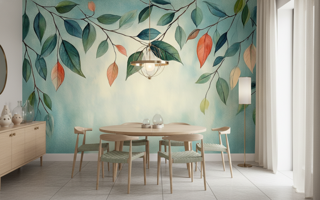 Papier peint aquarelle branches feuillage automnal bleu vert - Salle à manger