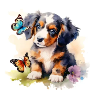 Papier peint aquarelle chiot adorable avec papillons colorés et fleurs