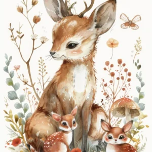 Papier peint aquarelle famille de cerfs dans jardin botanique