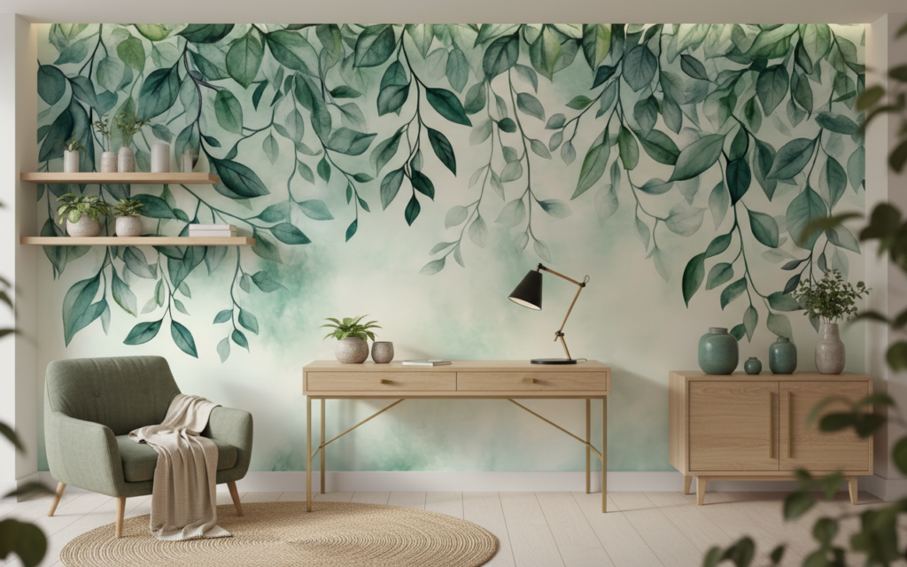 Papier peint aquarelle feuillage suspendu tons verts apaisants nature - Bureau