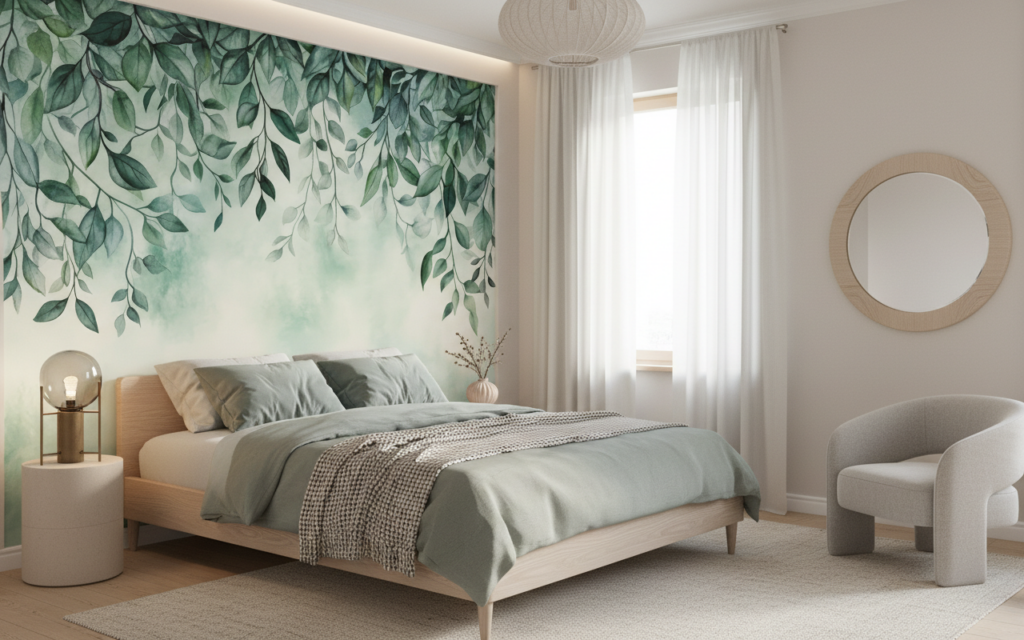 Papier peint aquarelle feuillage suspendu tons verts apaisants nature - Chambre adulte