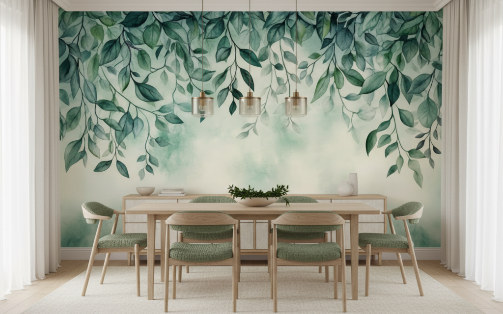 Papier peint aquarelle feuillage suspendu tons verts apaisants nature - Salle à manger