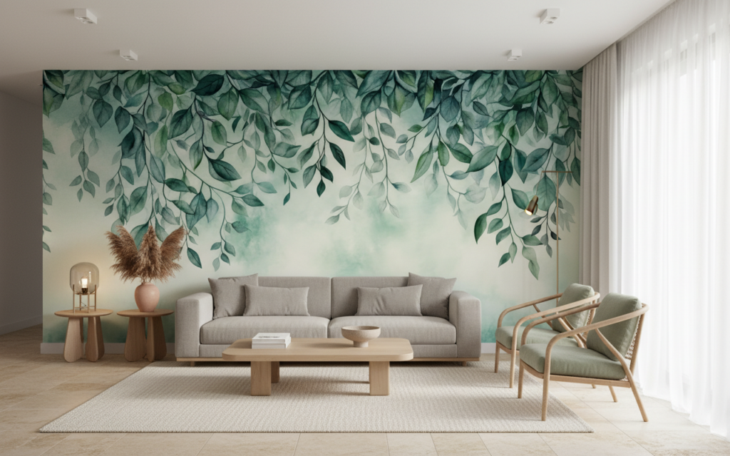 Papier peint aquarelle feuillage suspendu tons verts apaisants nature - Salon / Séjour