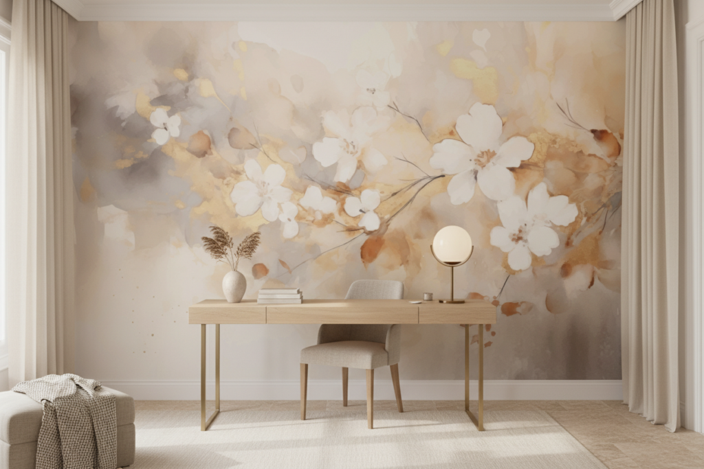 Papier peint aquarelle fleurs blanches délicates tons dorés pastel - Bureau