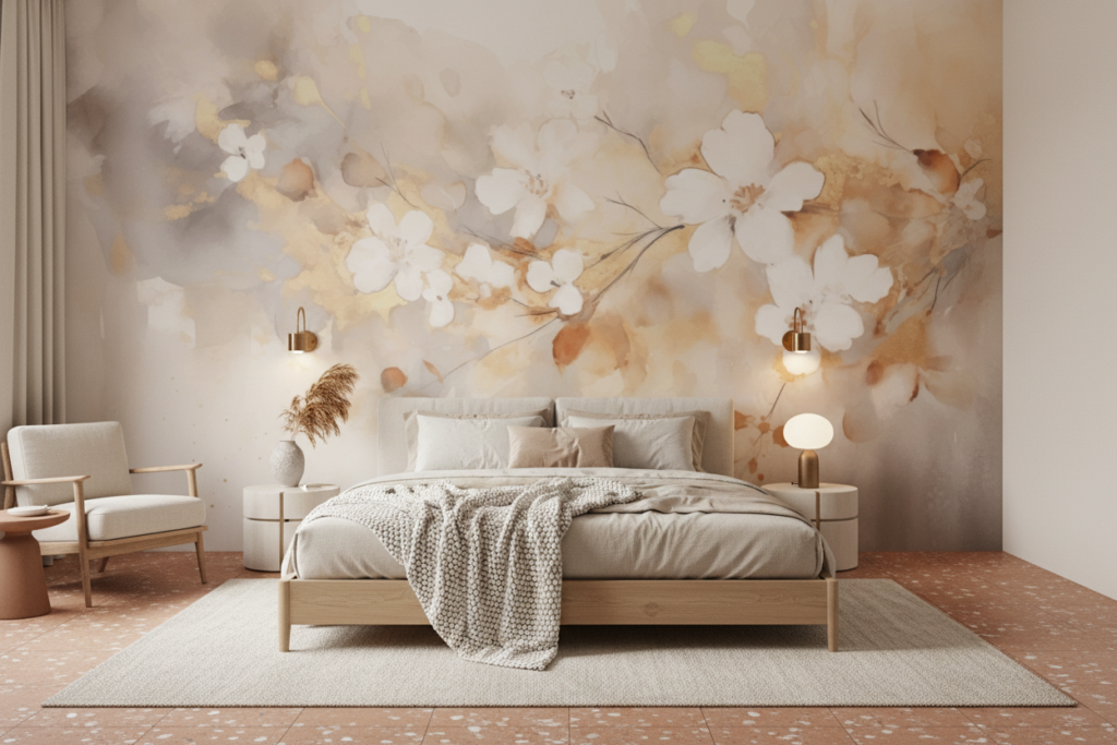 Papier peint aquarelle fleurs blanches délicates tons dorés pastel - Chambre adulte