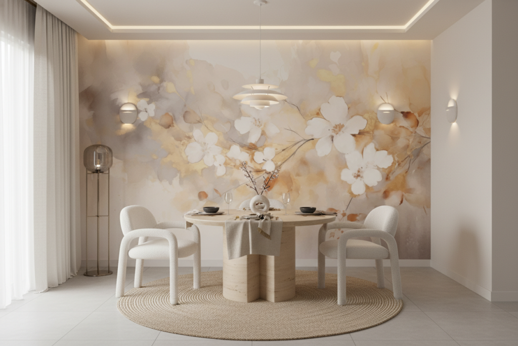 Papier peint aquarelle fleurs blanches délicates tons dorés pastel - Salle à manger