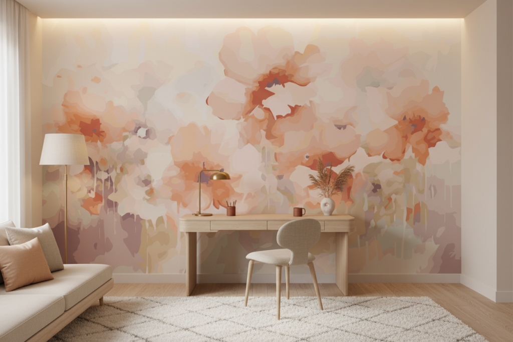 Papier peint aquarelle fleurs oranges et roses style bohème - Bureau