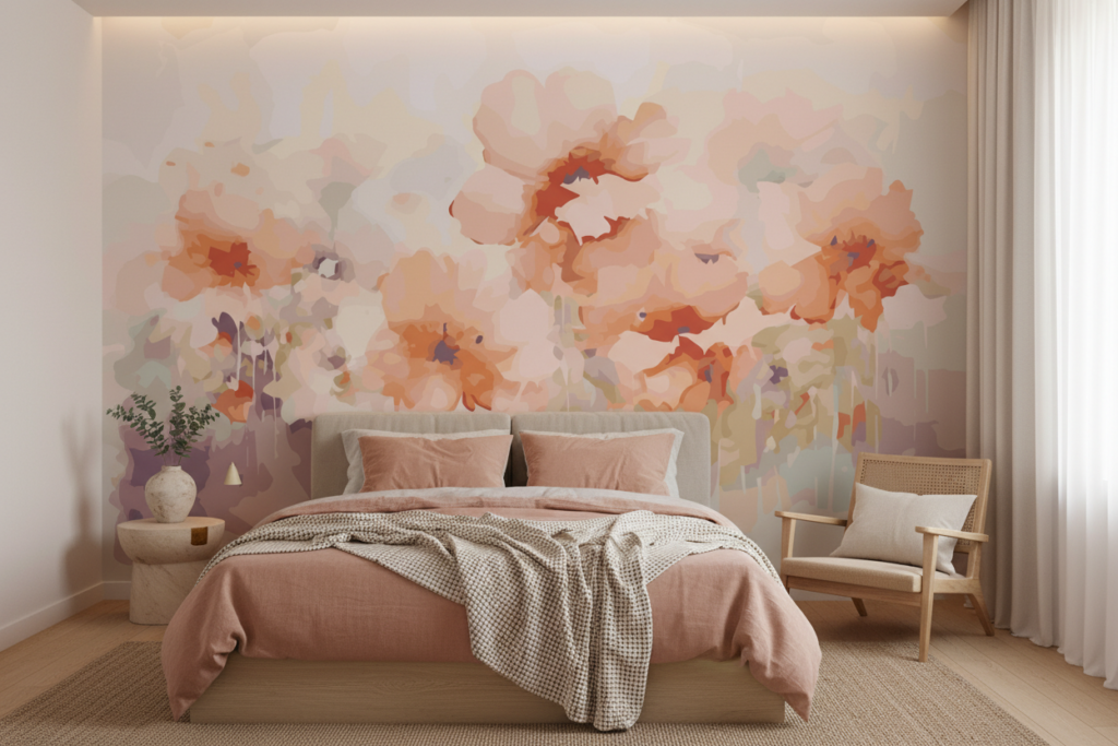 Papier peint aquarelle fleurs oranges et roses style bohème - Chambre adulte