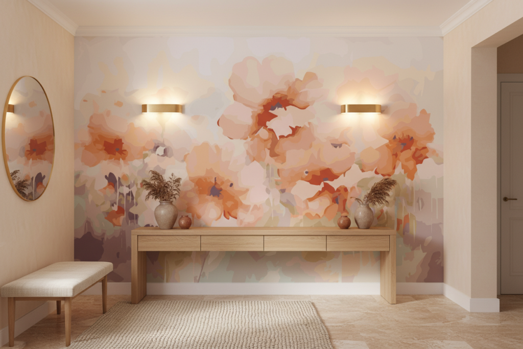 Papier peint aquarelle fleurs oranges et roses style bohème - Entrée