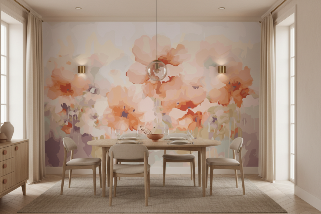 Papier peint aquarelle fleurs oranges et roses style bohème - Salle à manger