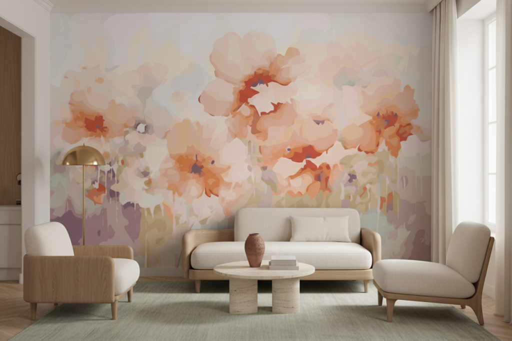 Papier peint aquarelle fleurs oranges et roses style bohème - Salon / Séjour