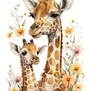 Papier Peint Aquarelle Girafes et Fleurs Sauvages Style Nursery