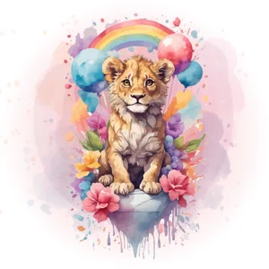 Papier peint aquarelle lionceau arc-en-ciel et fleurs colorées enfant