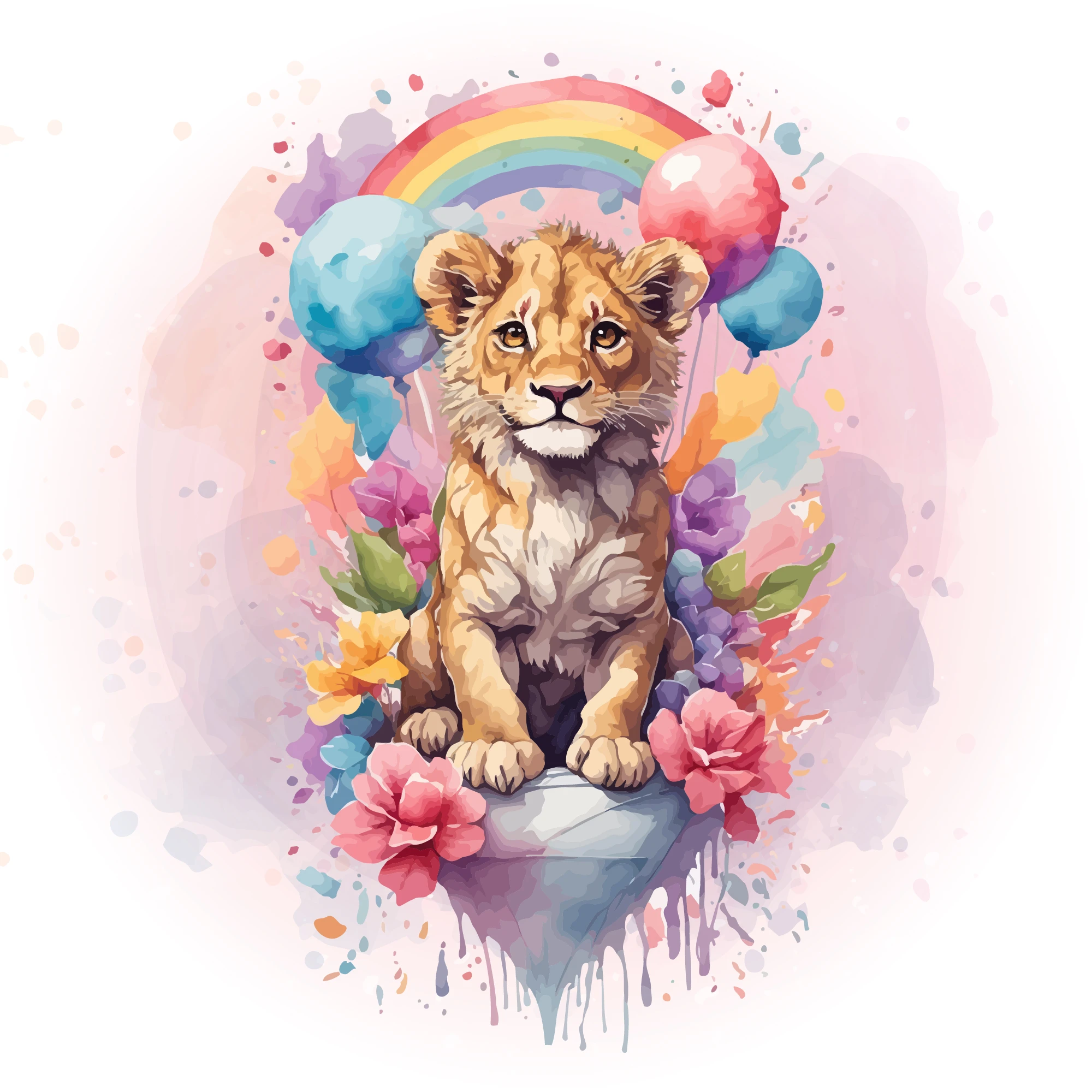 Papier peint aquarelle lionceau arc-en-ciel et fleurs colorées enfant