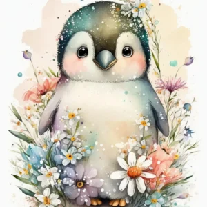 Papier Peint Aquarelle Pingouin Bébé avec Fleurs Délicates et Pois