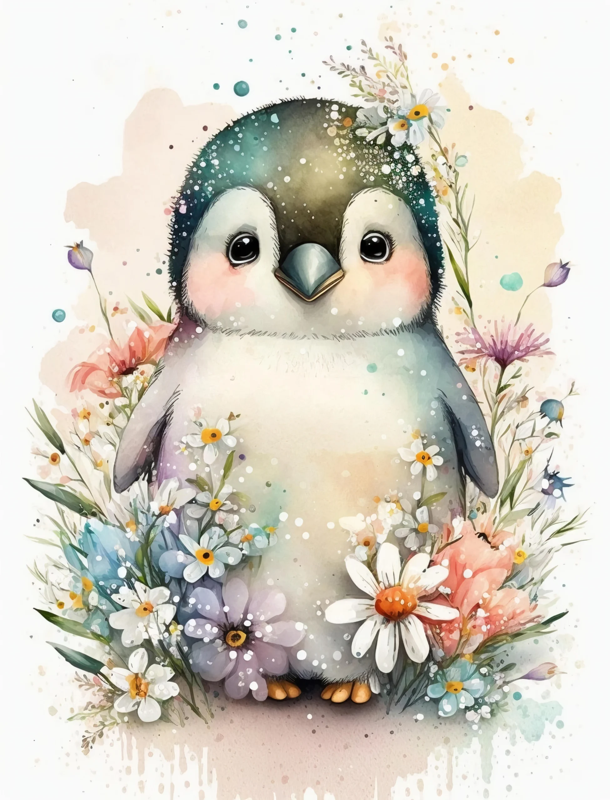 Papier Peint Aquarelle Pingouin Bébé avec Fleurs Délicates et Pois
