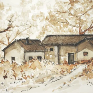 Papier peint aquarelle village rustique tons sépia naturels