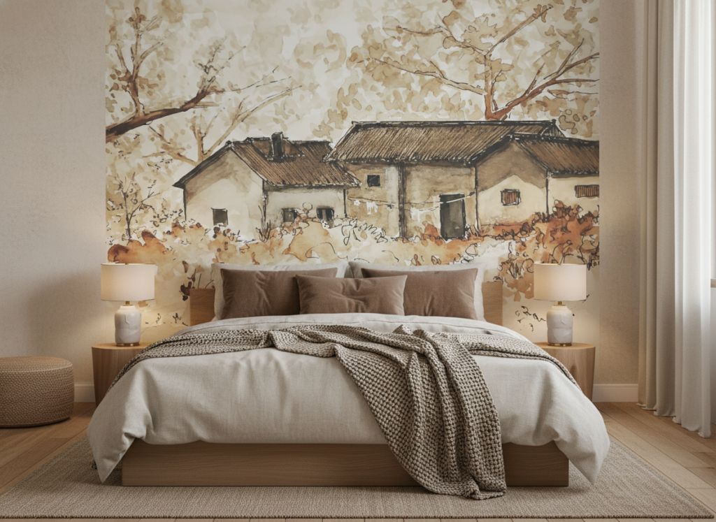Papier peint aquarelle village rustique tons sépia naturels - Chambre adulte
